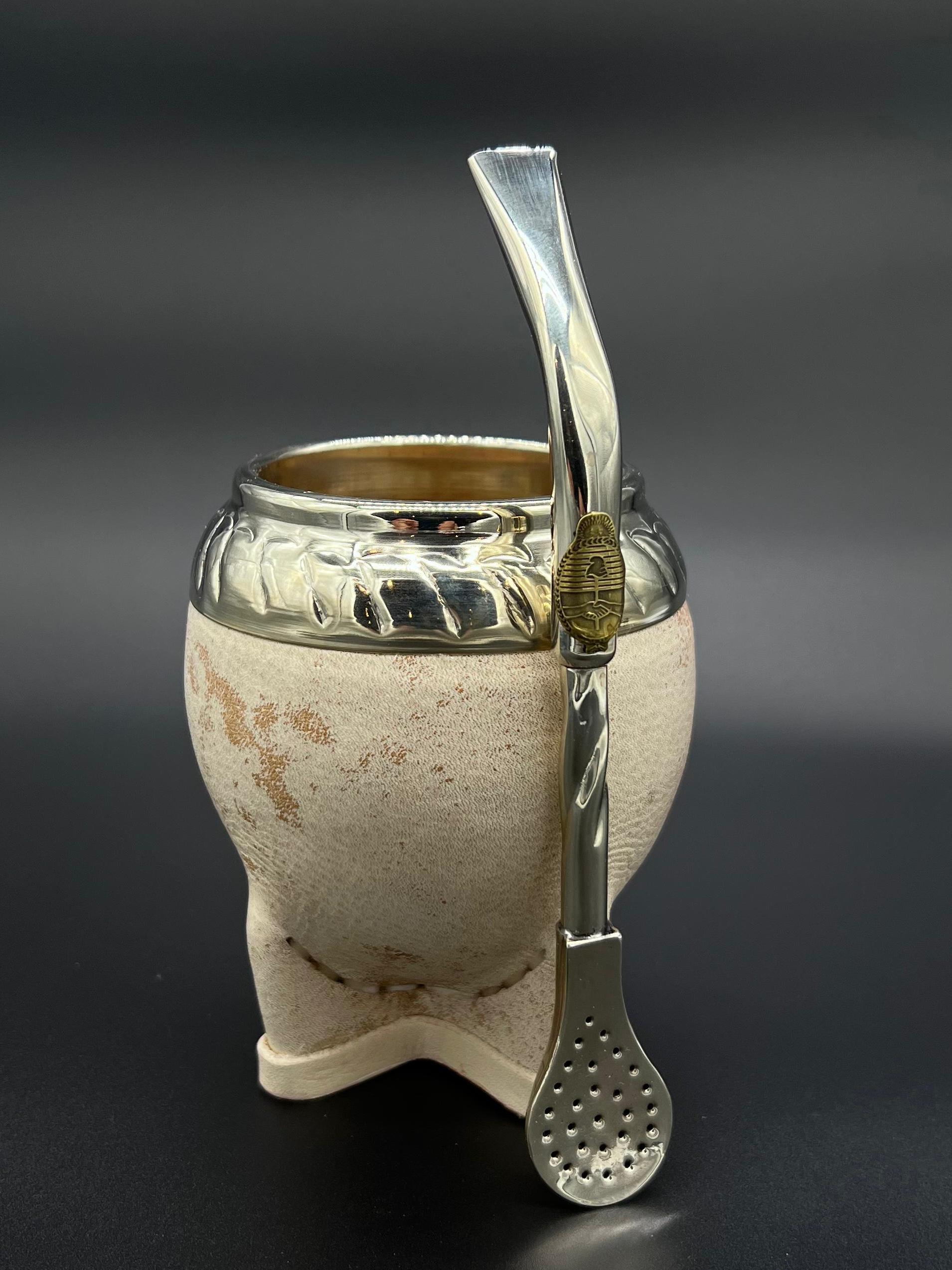 Mate Torpedo El Baquiano Cuero Razado Virola Cincelada - Imagen 4